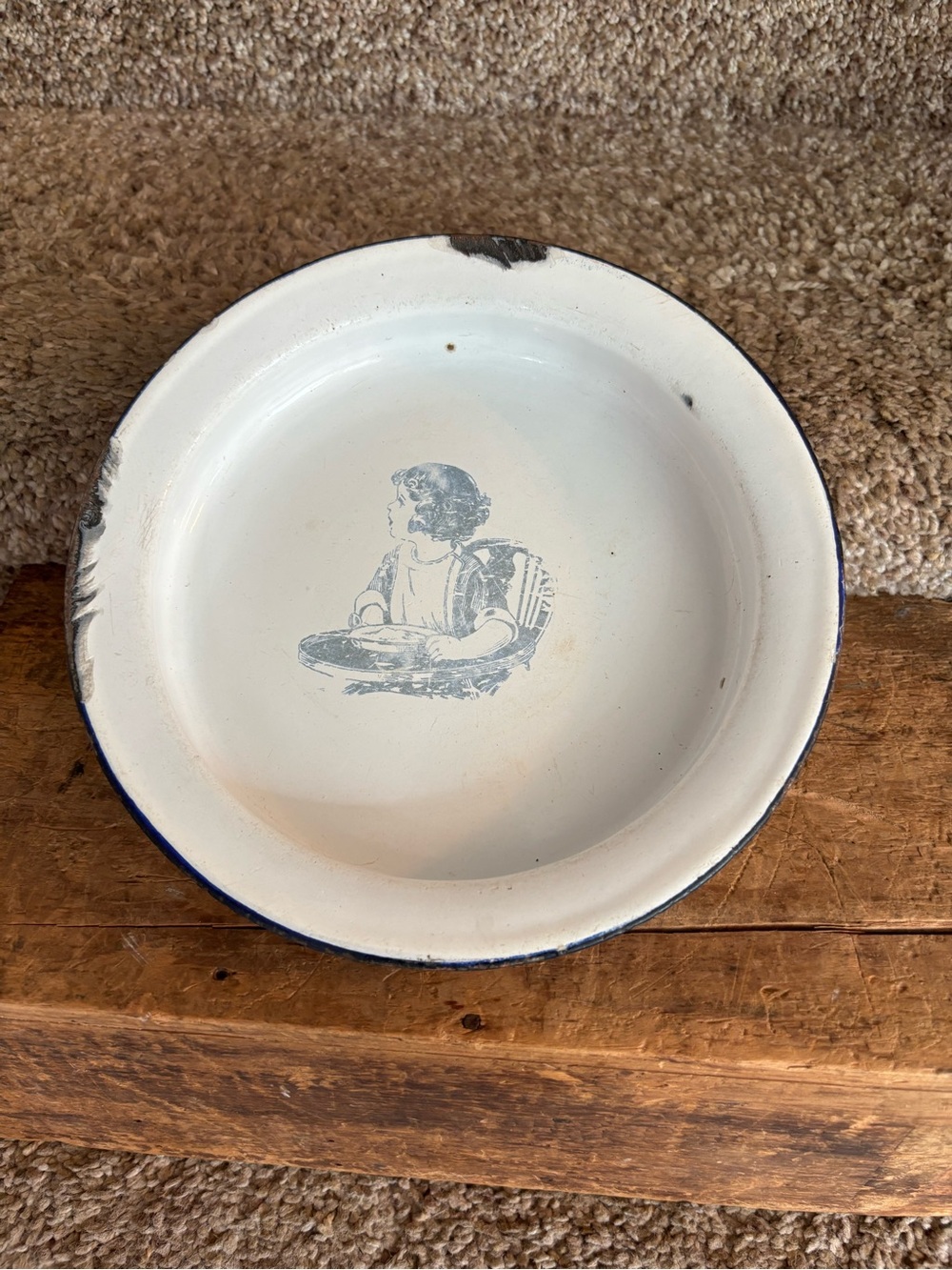 Vintage White Enamelware Bowl with Blue Graphic